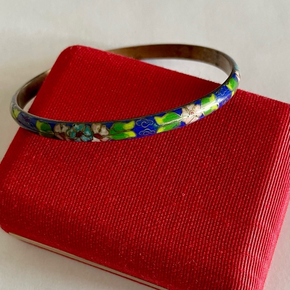 Beautiful Vintage Blue Floral Cloisonne Bangle Bracelet - Picture 3 of 6